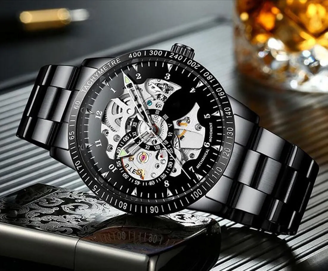 Automatic Self-Winding Watches Luxury Stainless Steel Band Automatic Mechanical Watch Waterproof Skeleton Wrist Watch impair carve tend BESTKANG Men's Watch Business 