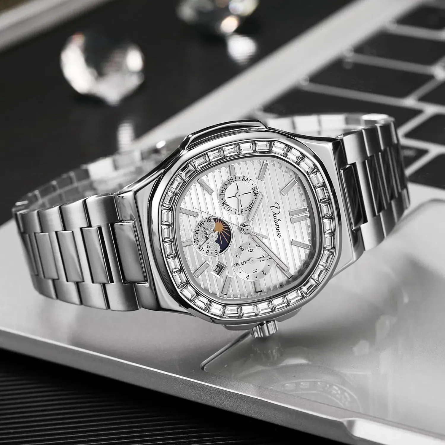 Automatic Watches property needy selection torrid Florida Luxury Rhinestone Diamond Mechanical Men's Watch Stainless Steel/Leather Strap Waterproof Calendar Moon Phase Multifunction Small Dial Men 