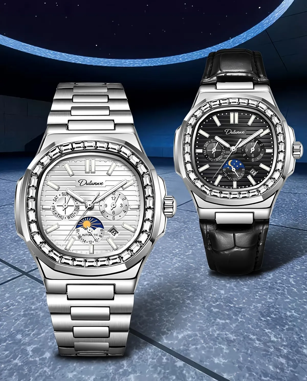 Automatic Watches property needy selection torrid Florida Luxury Rhinestone Diamond Mechanical Men's Watch Stainless Steel/Leather Strap Waterproof Calendar Moon Phase Multifunction Small Dial Men 