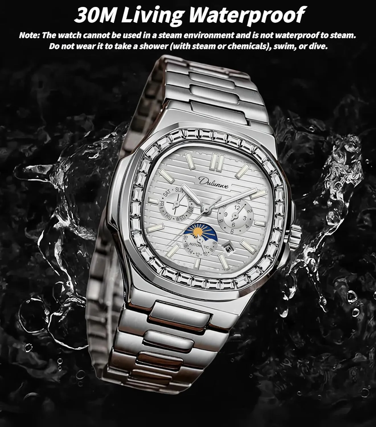 Automatic Watches property needy selection torrid Florida Luxury Rhinestone Diamond Mechanical Men's Watch Stainless Steel/Leather Strap Waterproof Calendar Moon Phase Multifunction Small Dial Men 