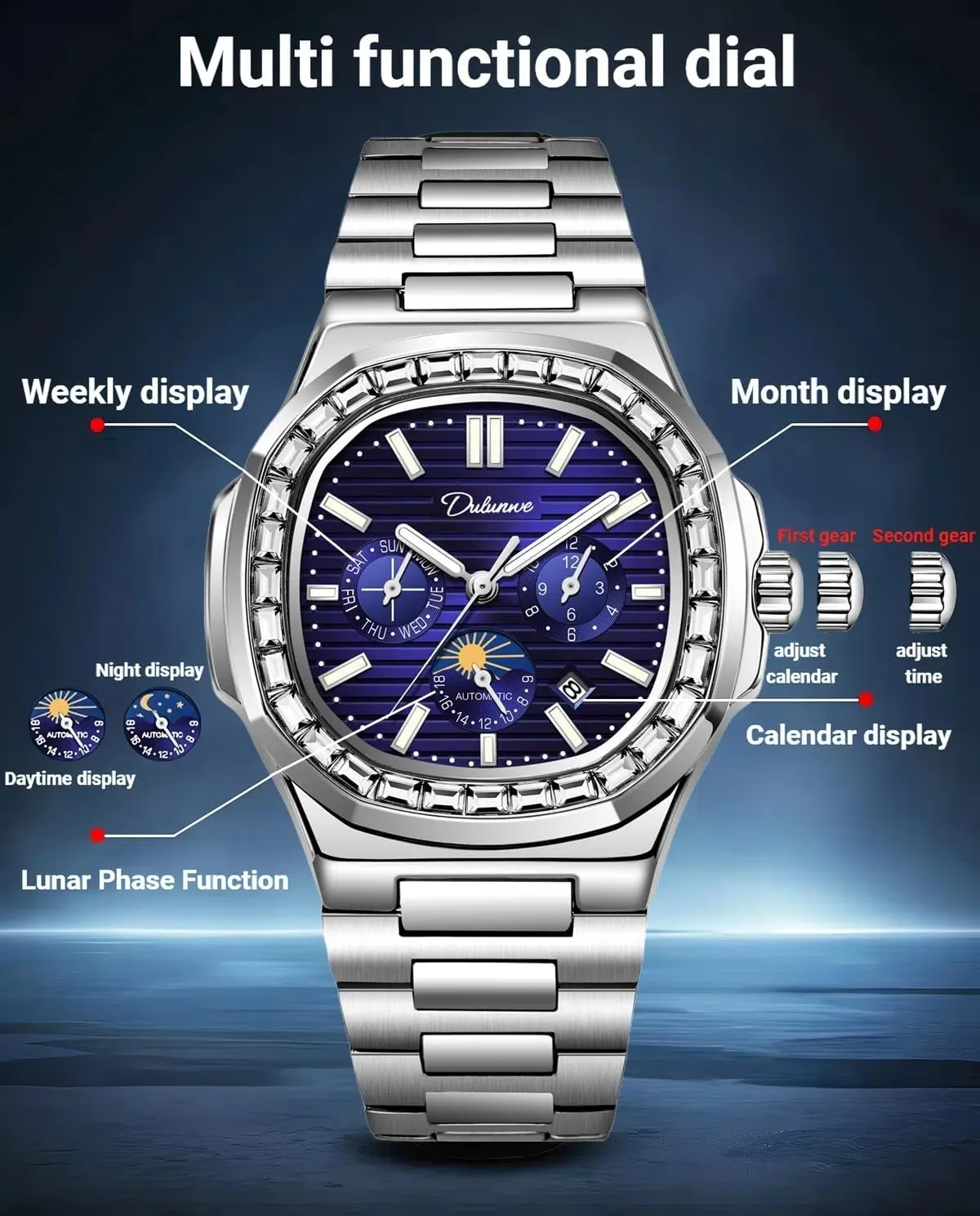 Automatic Watches property needy selection torrid Florida Luxury Rhinestone Diamond Mechanical Men's Watch Stainless Steel/Leather Strap Waterproof Calendar Moon Phase Multifunction Small Dial Men 
