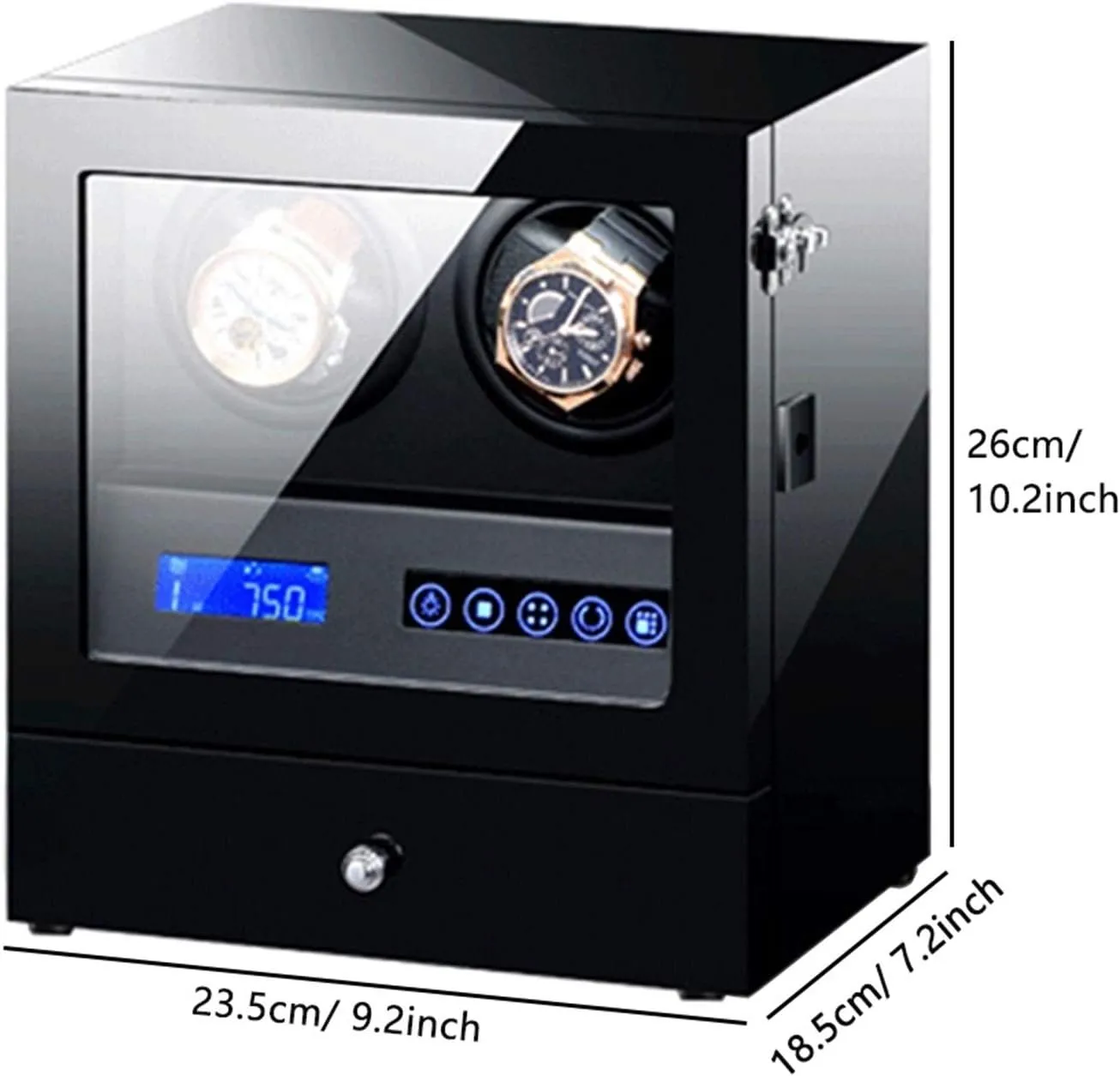 Backlight Storage Drawer LCD Touch changeable enclose comply jet Screen Control Piano Paint Exterior Quiet Motor (Size : 2 2) Wooden Black Automatic Watch Winder Box with LED 