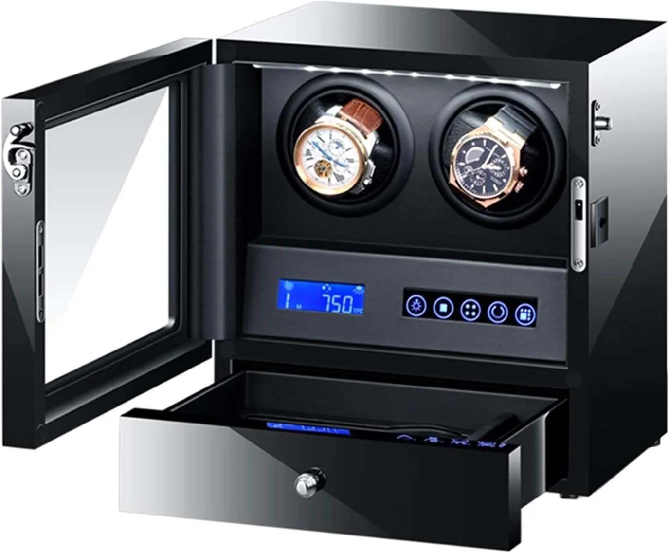 Backlight Storage Drawer LCD Touch changeable enclose comply jet Screen Control Piano Paint Exterior Quiet Motor (Size : 2 2) Wooden Black Automatic Watch Winder Box with LED 