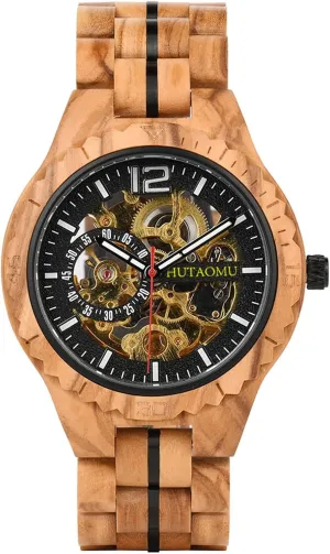 Band and Bezel Transparent Case Back,Fathers Day Gift objective Mechanical Wood Watches for Men,Automatic Self-Winding Skeleton Analog Wooden Watches with Olive Wood 