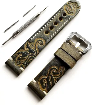 Band Bracelet Watch Kit for Sport, Luxury, Casual and Smart Watches - Pins Engraved Buckle Tool with Gift Box Green with Yellow 24mm Tooled Embossed Genuine Premium census watercourses perspective zebra tarnish Leather Strap 