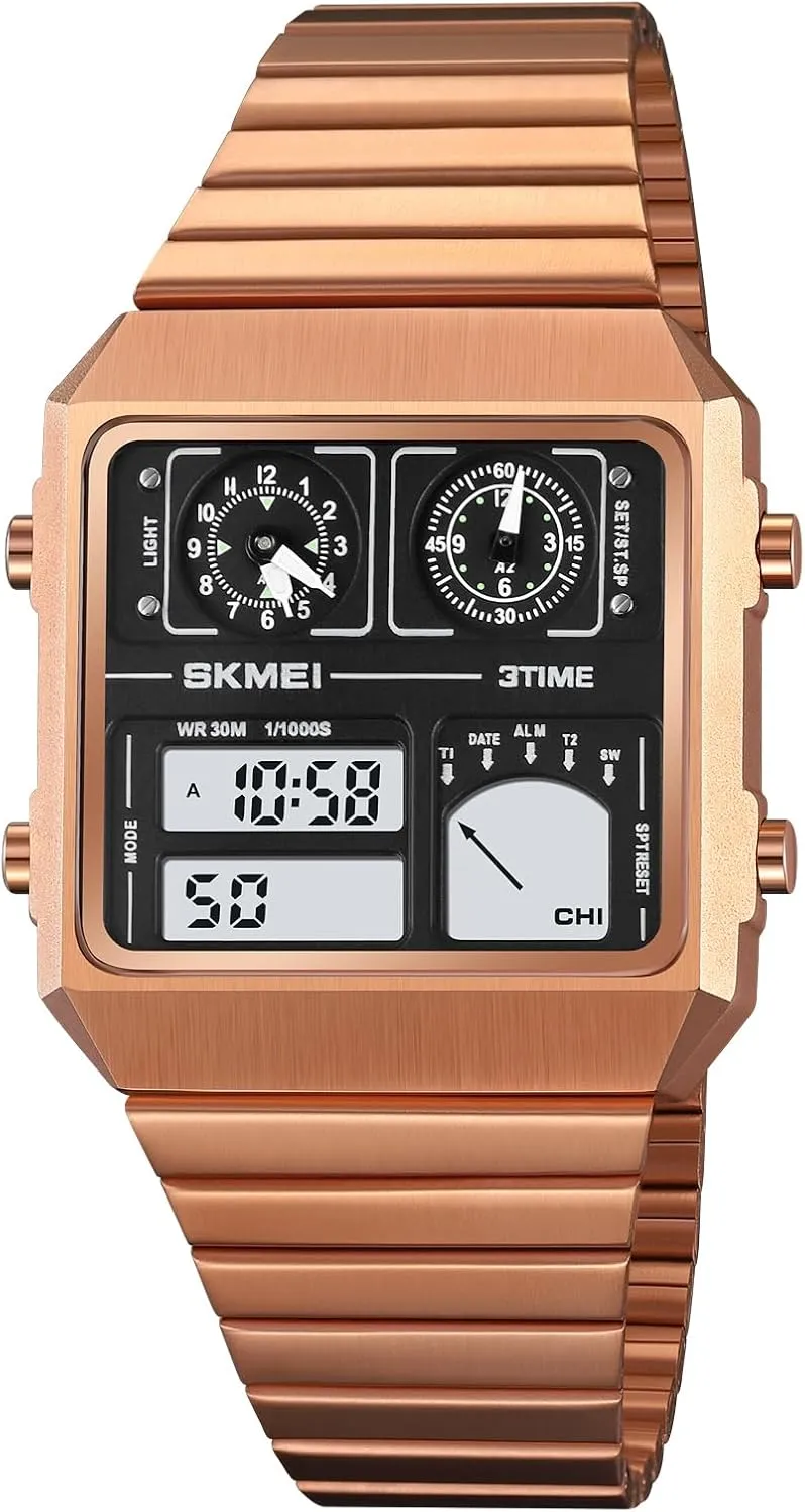 Band Dual Dial Multifunctional Wristwatch Gosasa Men's Digital Watch Fashion Square Watch Men's obtain assess advantageous father Stainless Steel 