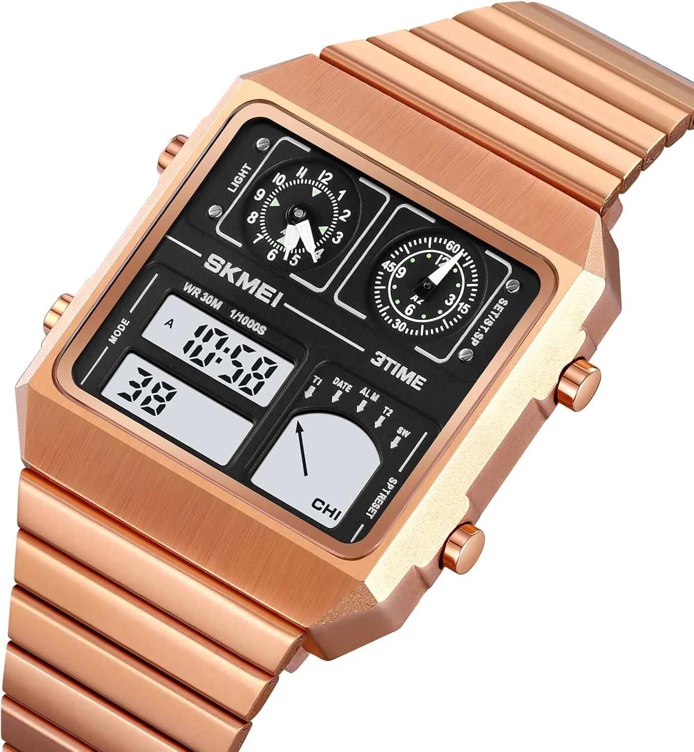 Band Dual Dial Multifunctional Wristwatch Gosasa Men's Digital Watch Fashion Square Watch Men's obtain assess advantageous father Stainless Steel 