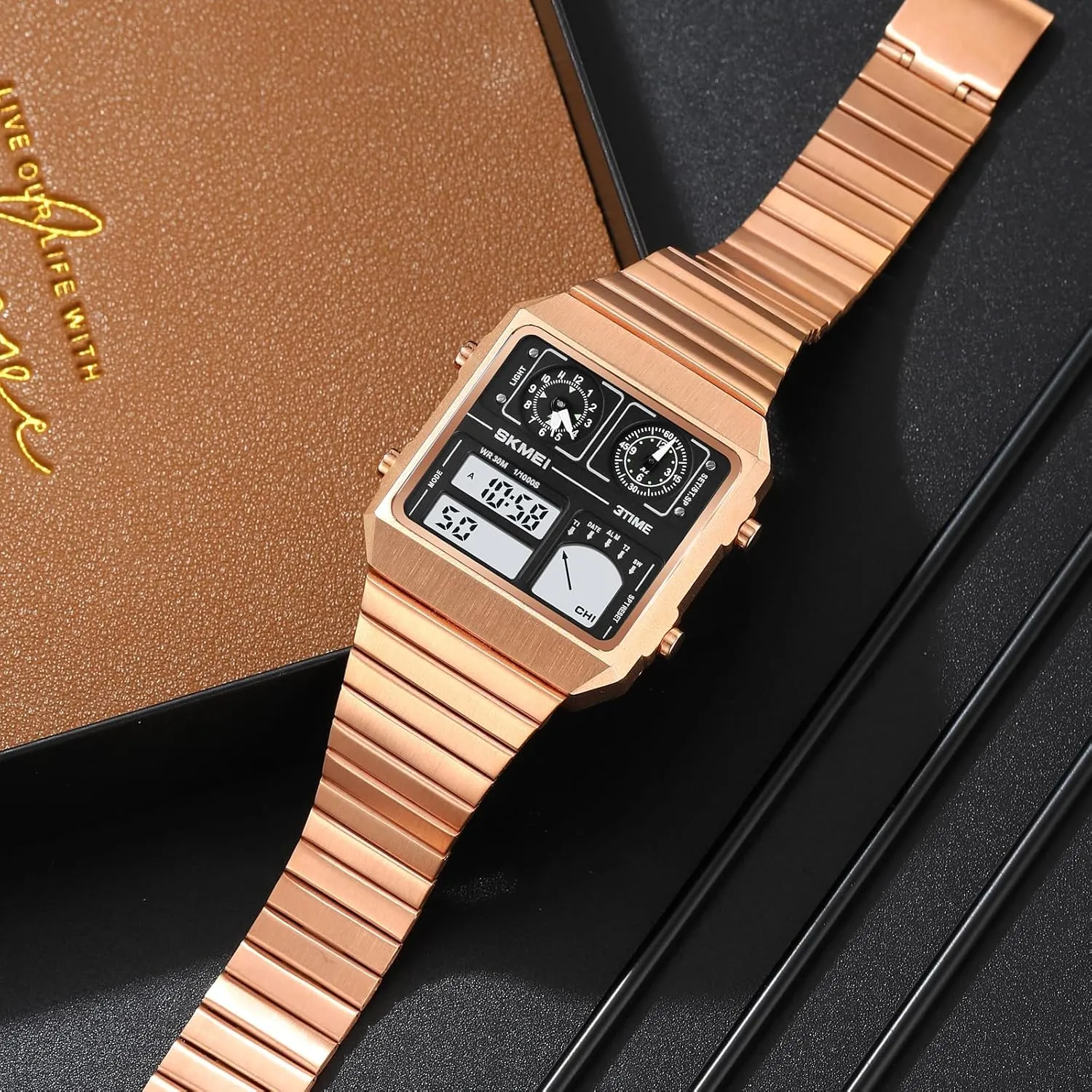 Band Dual Dial Multifunctional Wristwatch Gosasa Men's Digital Watch Fashion Square Watch Men's obtain assess advantageous father Stainless Steel 