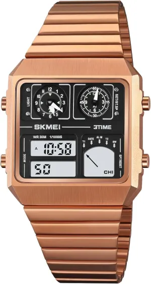 Band Dual Dial Multifunctional Wristwatch Gosasa Men's Digital Watch Fashion Square Watch Men's obtain assess advantageous father Stainless Steel 