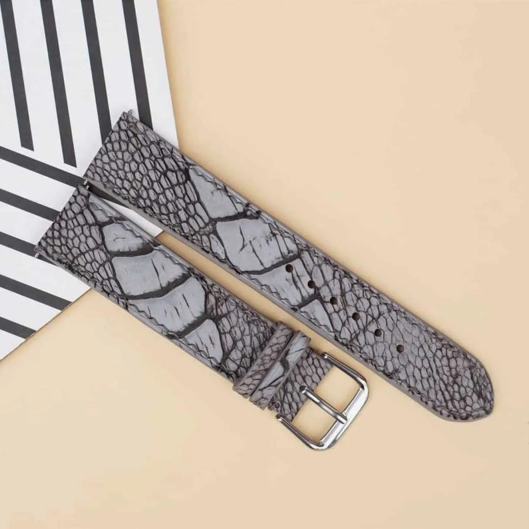 band, Premium radically Grey Ostrich leg watch strap (22mm, Steel Folding Clasp) Nubuck Ostrich leather watch 