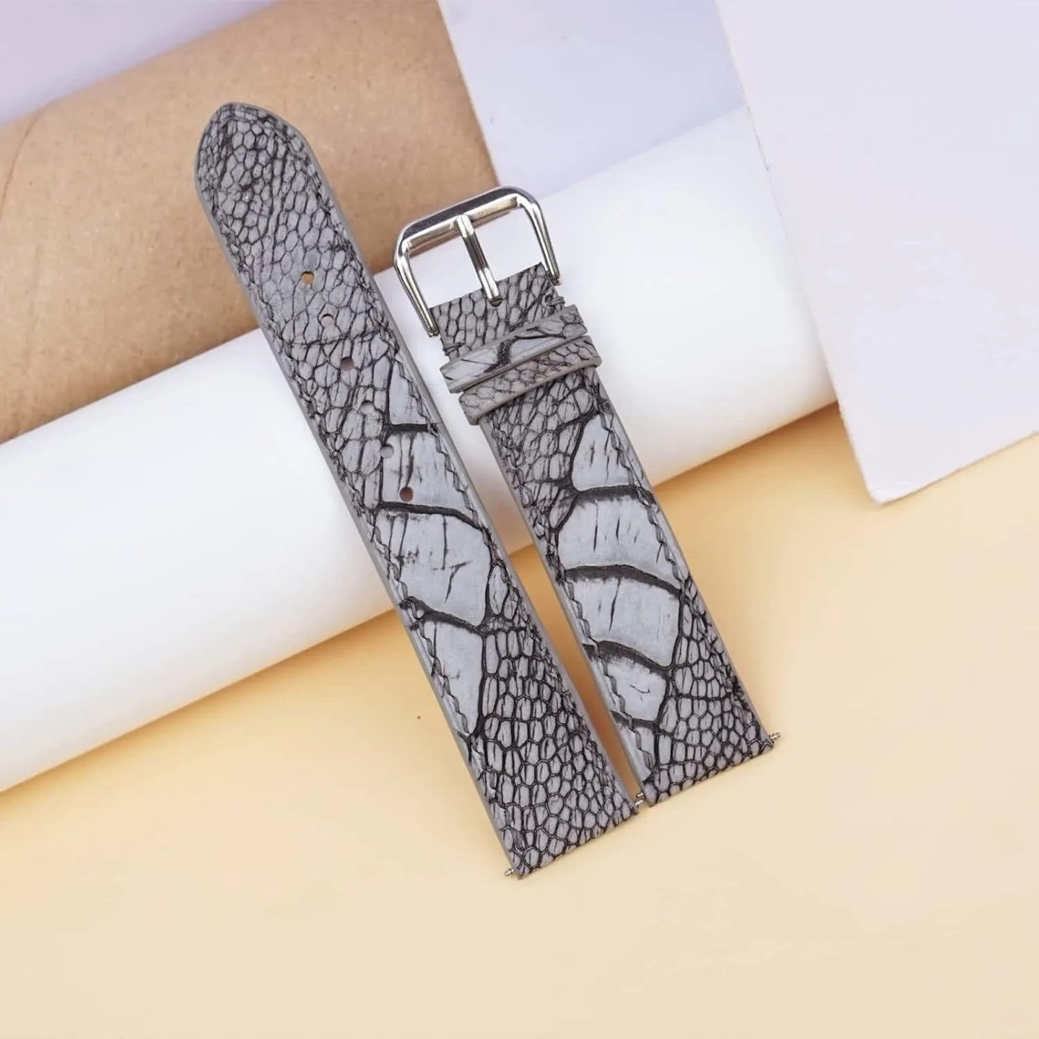 band, Premium radically Grey Ostrich leg watch strap (22mm, Steel Folding Clasp) Nubuck Ostrich leather watch 