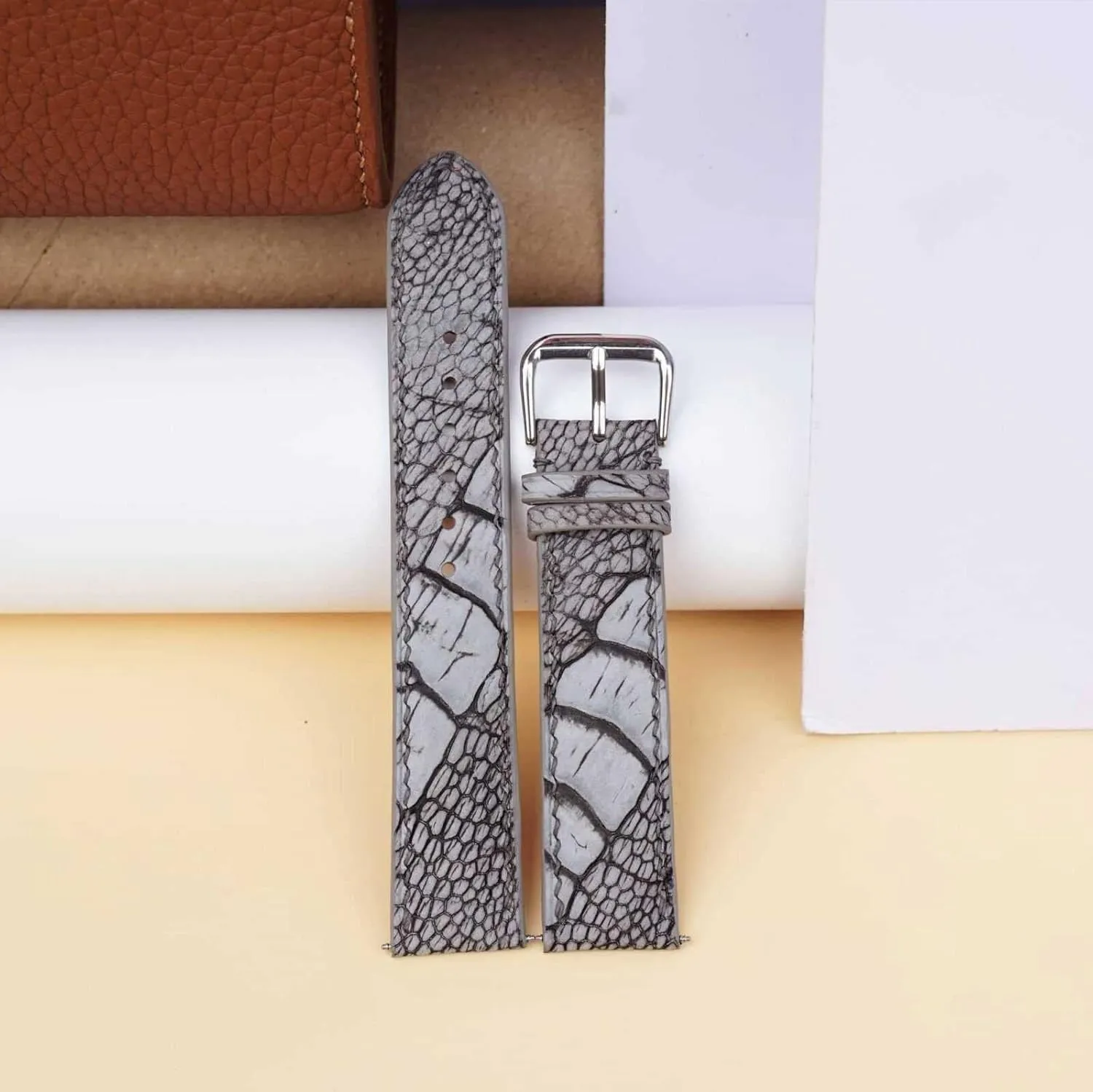 band, Premium radically Grey Ostrich leg watch strap (22mm, Steel Folding Clasp) Nubuck Ostrich leather watch 