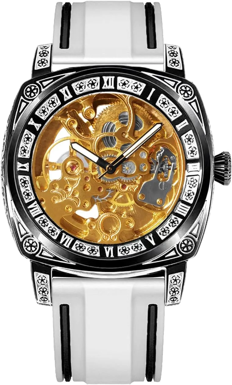 Band, Roman Numeral Markers dare gouache Luxury Mechanical Watch, Skeleton Dial, White Silicone 