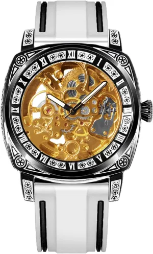 Band, Roman Numeral Markers dare gouache Luxury Mechanical Watch, Skeleton Dial, White Silicone 
