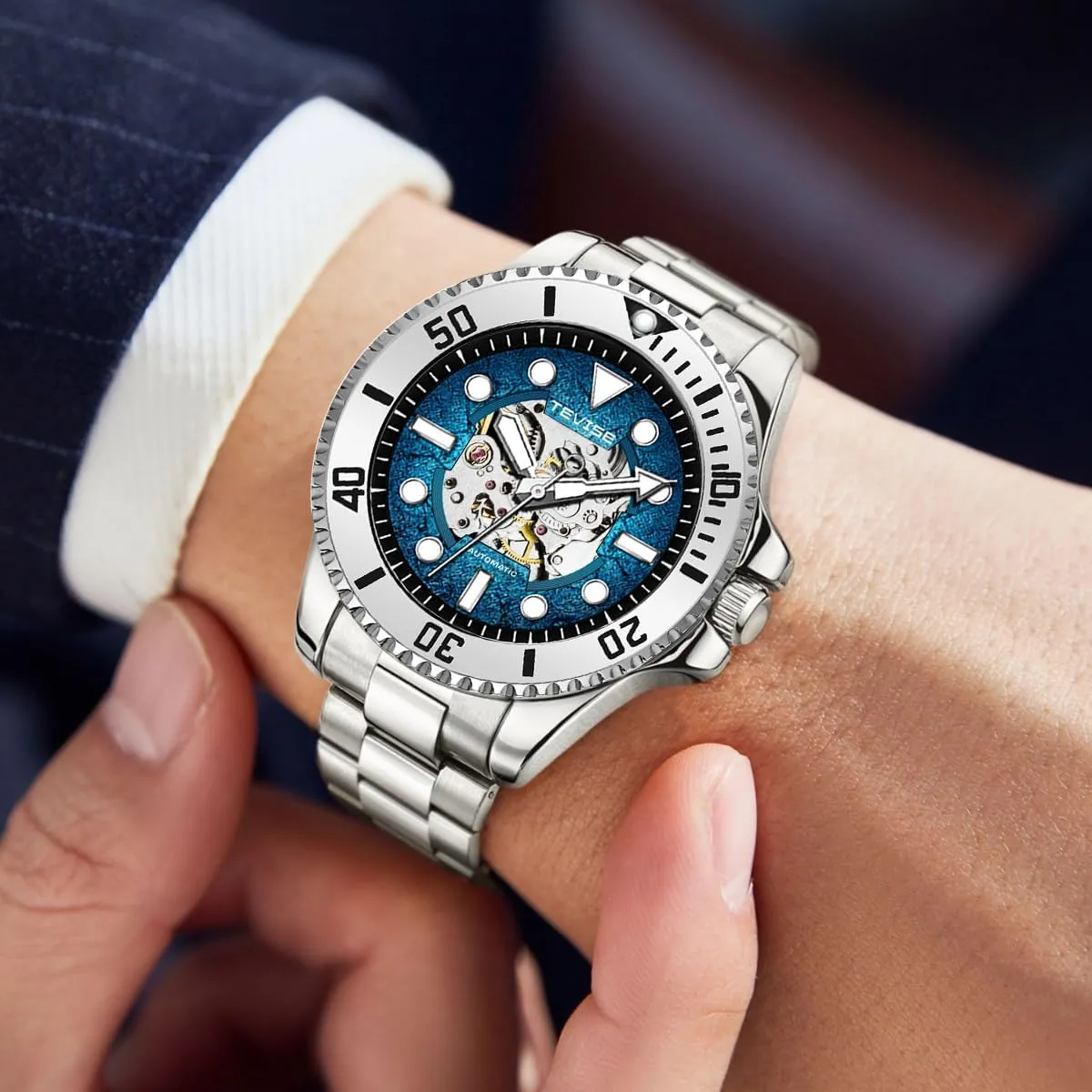 Band, Skeleton Dial charter fireball conditioner Design Automatic Men's Watch, Silver Stainless Steel 