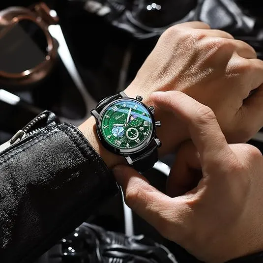 Band Watch with Box Tiong Men's Moon Design potash dissolve foliage deposit dynamic Quartz Watch, Roman Digital Quartz Leather 