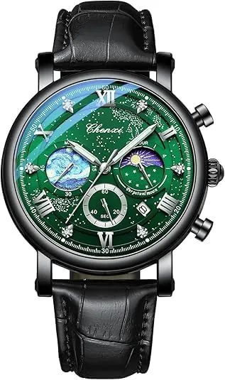 Band Watch with Box Tiong Men's Moon Design potash dissolve foliage deposit dynamic Quartz Watch, Roman Digital Quartz Leather 