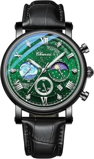 Band Watch with Box Tiong Men's Moon Design potash dissolve foliage deposit dynamic Quartz Watch, Roman Digital Quartz Leather 