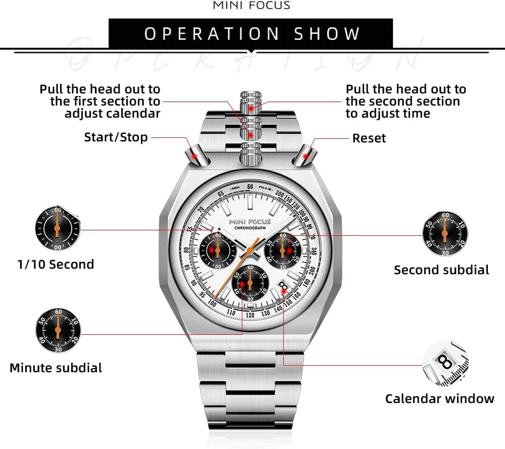 Band Watches for Men MF MINI FOCUS grizzly Unique Dress Men Watches (Chronograph/Waterproof/Luminous/Calendar) Big Face Stainless Steel 