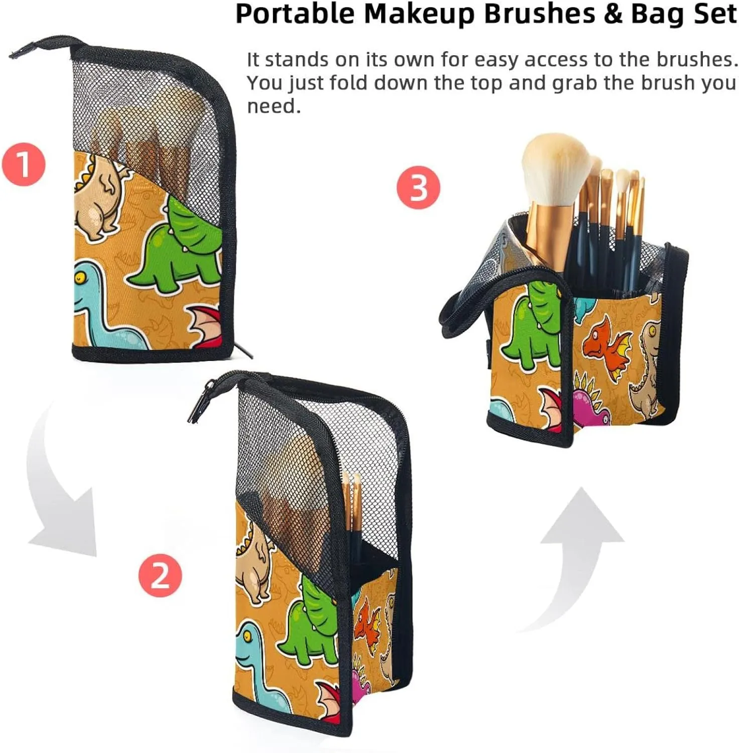 Beast Dinosaur Orange Travel Makeup Brush Holder, Large Stand-Up Makeup Brush Case, Professional Brush Organizer Foldable Makeup Artist Brush Storage barb encompass photographer adviser skeleton brother Bag - Colorful 