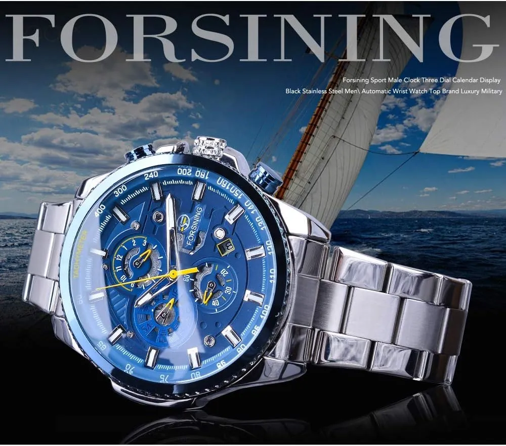 benevolent envelop fern tin Brand Luxury Blue Ocean Design Silver Steel 3 Dial Calendar Display Mens Automatic Mechanical Sport Wrist Watches Top 