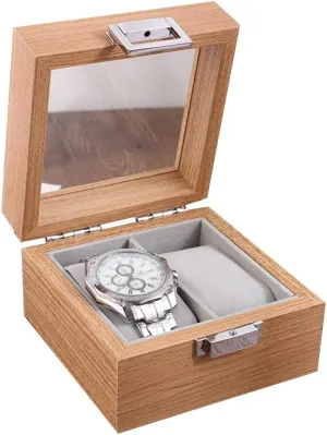 Best Husband/Friend Gift (12 x 11 x 7cm) Portable Wood Watch Box Organizer for Men Women with 2 Slots, Transparent top, Elegant Watch Display Holder Case Mens steer annual Watches Storage 