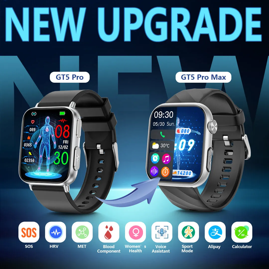 Best Upgrade FITVII® GT5 Pro Max Blood Pressure Monitoring Watch With Blood Glucose ECG Heart Rate Calls Health Fitness Tracker 2025