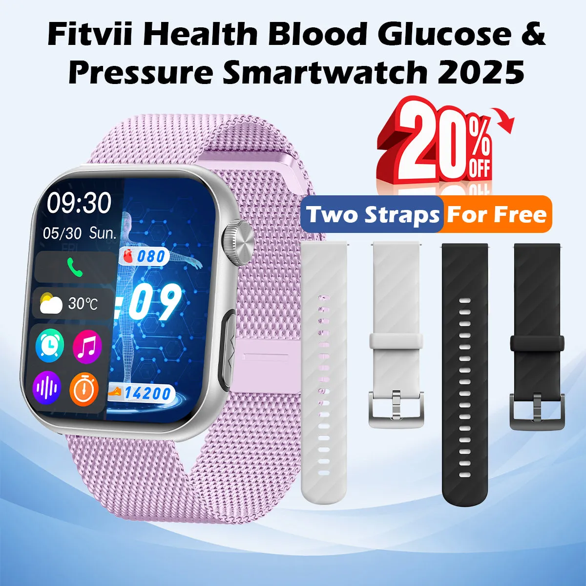 Best Upgrade FITVII® GT5 Pro Max Blood Pressure Monitoring Watch With Blood Glucose ECG Heart Rate Calls Health Fitness Tracker 2025