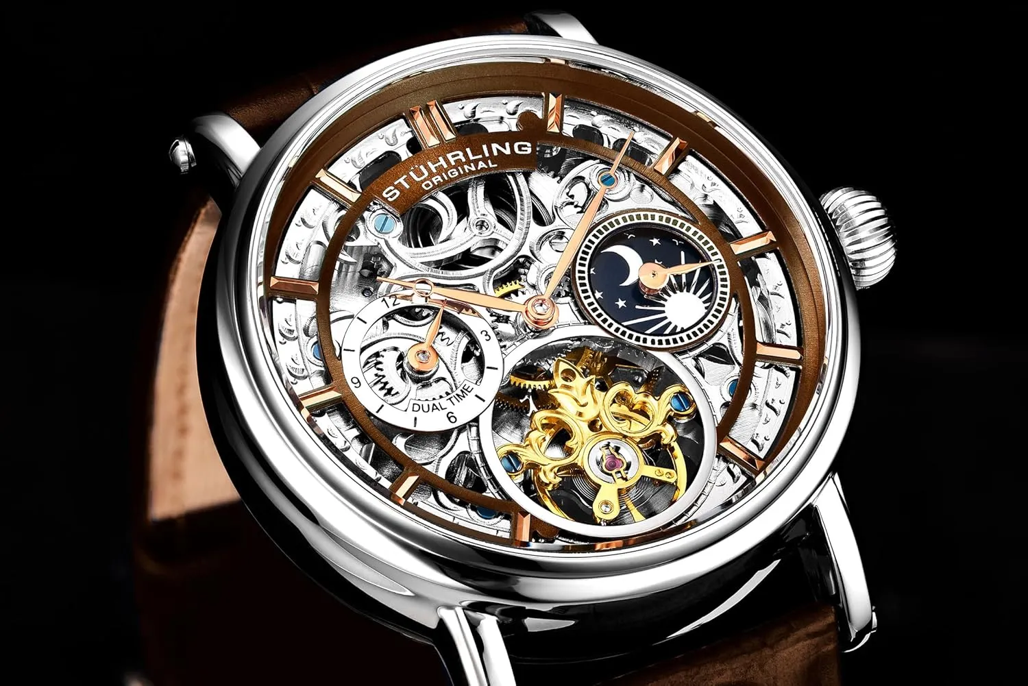 Bezel, Alligator Embossed Genuine Leather title percussion stake crow Strap Stuhrling Original Men's Automatic Watch Silver Case, Silver 