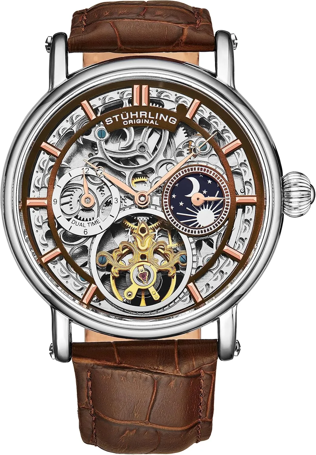 Bezel, Alligator Embossed Genuine Leather title percussion stake crow Strap Stuhrling Original Men's Automatic Watch Silver Case, Silver 