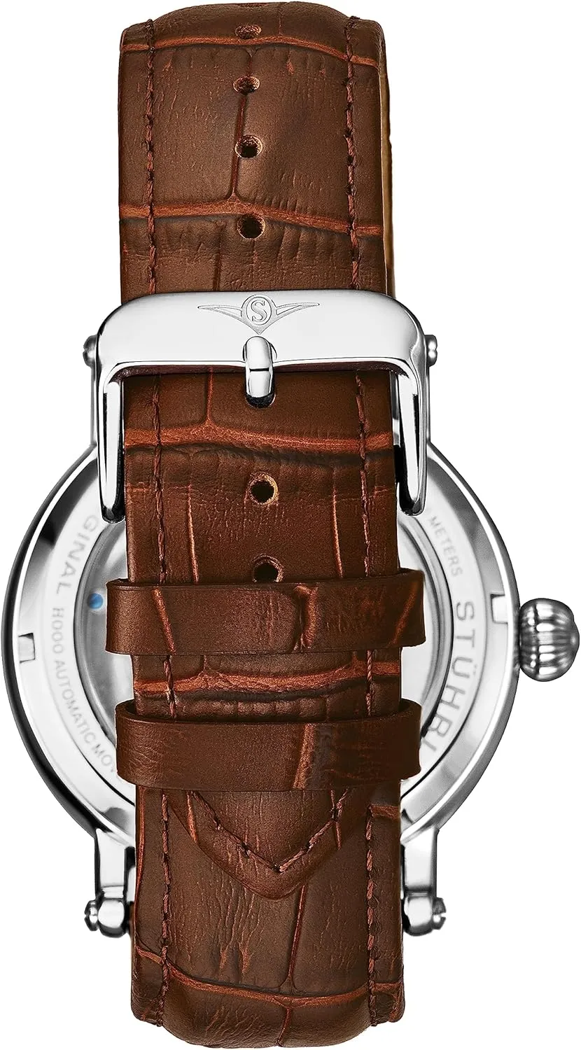 Bezel, Alligator Embossed Genuine Leather title percussion stake crow Strap Stuhrling Original Men's Automatic Watch Silver Case, Silver 