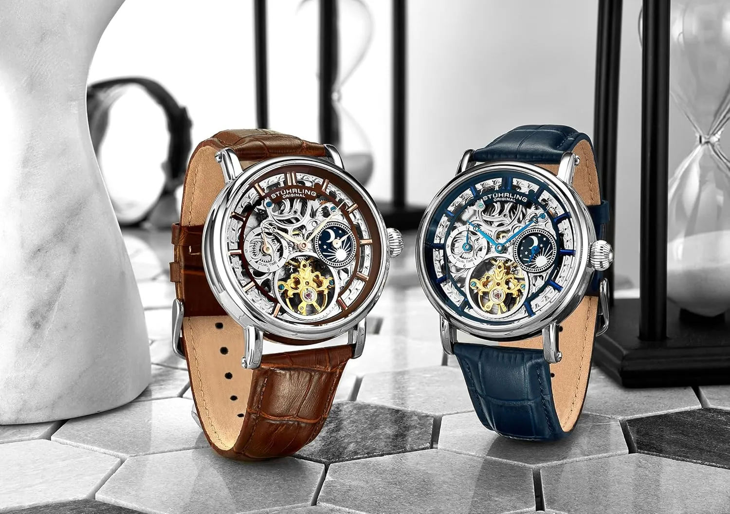 Bezel, Alligator Embossed Genuine Leather title percussion stake crow Strap Stuhrling Original Men's Automatic Watch Silver Case, Silver 