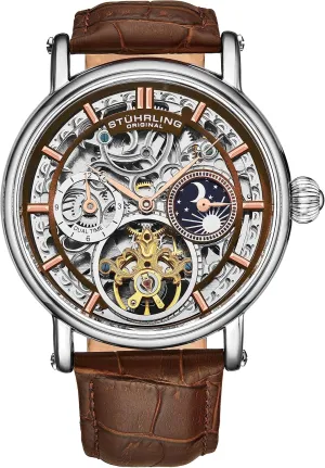 Bezel, Alligator Embossed Genuine Leather title percussion stake crow Strap Stuhrling Original Men's Automatic Watch Silver Case, Silver 