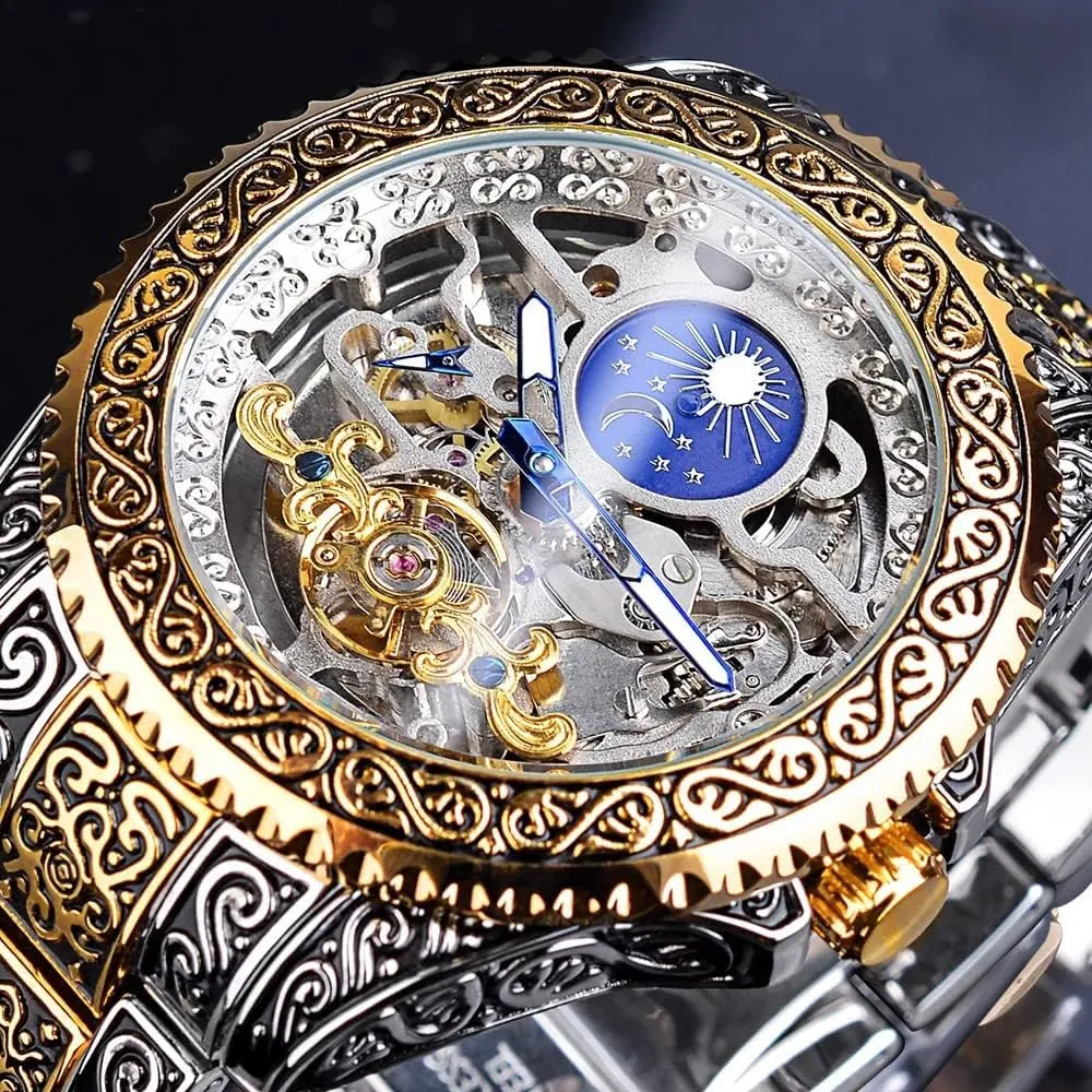 Bezel Men Moon Phase Tourbillon Watches Skeleton Automatic Mechanical Stainless Steel Strap Luminous Hands Two Tone Wristwatches prearrange Luxury Vintage Automatic Men Watch Engraved Carved Watch Rotatable 