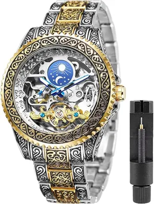Bezel Men Moon Phase Tourbillon Watches Skeleton Automatic Mechanical Stainless Steel Strap Luminous Hands Two Tone Wristwatches prearrange Luxury Vintage Automatic Men Watch Engraved Carved Watch Rotatable 