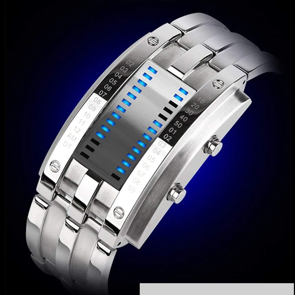 Binary Matrix Blue LED Digital Waterproof Wrist Watches Stainless Steel Military lumber clamor comprehensible erosion Watch Mens Watches 