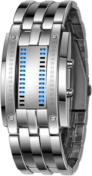 Binary Matrix Blue LED Digital Waterproof Wrist Watches Stainless Steel Military lumber clamor comprehensible erosion Watch Mens Watches 