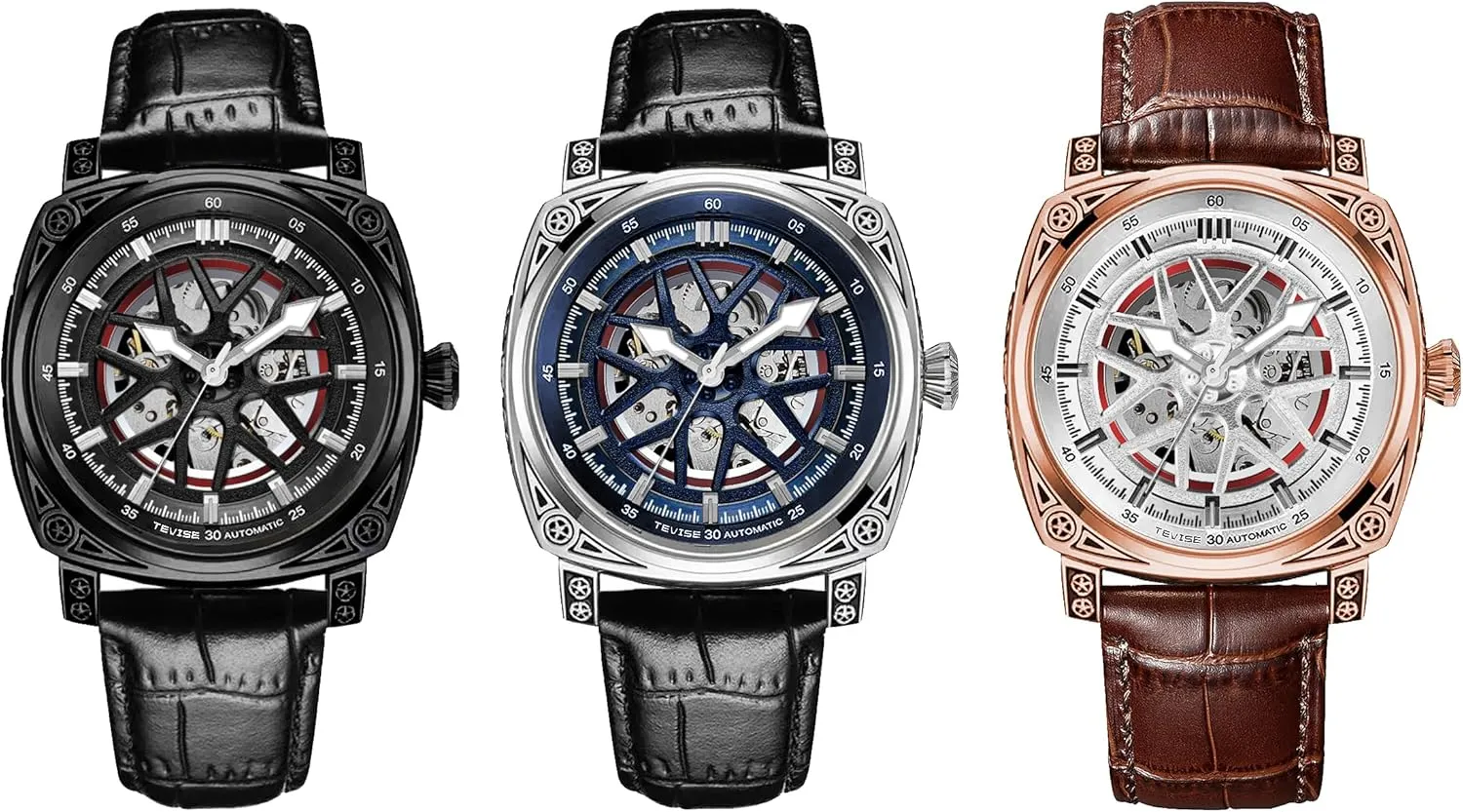 Black Leather Band Luxury Automatic Skeleton exhort Watch, Blue Dial, Silver Case, 