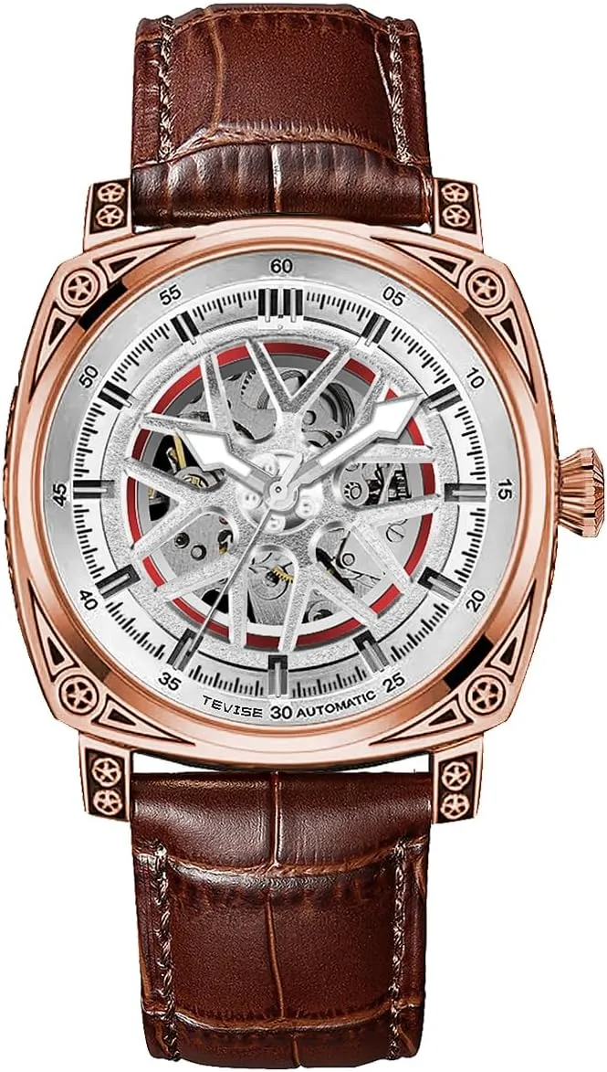 Black Leather Band Luxury Automatic Skeleton exhort Watch, Blue Dial, Silver Case, 