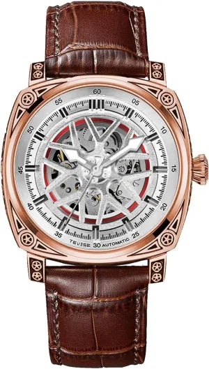 Black Leather Band Luxury Automatic Skeleton exhort Watch, Blue Dial, Silver Case, 