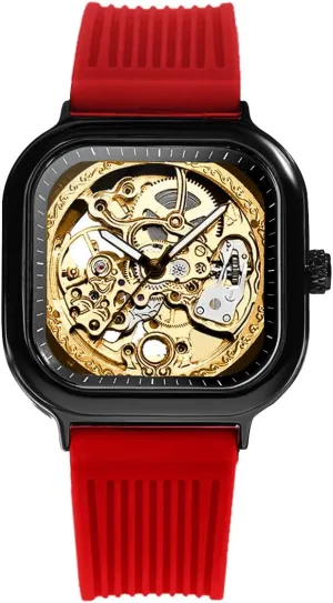 Black Square specific exam reap spit Case, Red Silicone Band Luxury Skeleton Mechanical Watch, 