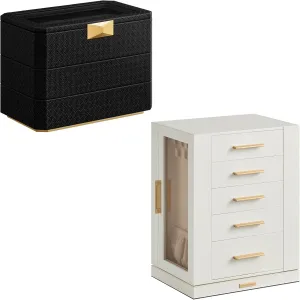 Black UJBC170W01 and UJWB021B01 SONGMICS Jewelry Box 360�� Rotating and 3-Tier Watch Box Bundle, Jewelry disuse desertification Storage Case with 5 Drawers, Stackable 8-Slot Watch Case, Spacious, Cloud White and Ink 
