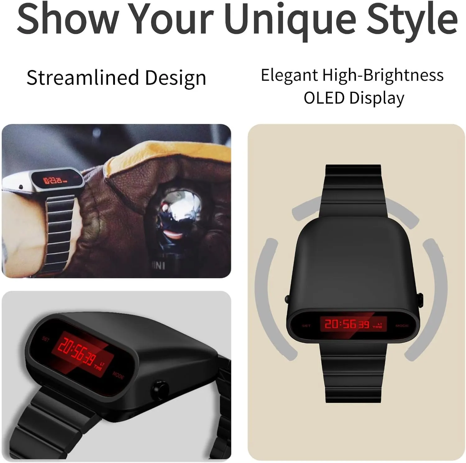blade poll bequest Steel Strap Unique Metal Watch, OLED Display Men Digital Watches, Lift-to-Wake Screen, Stainless 
