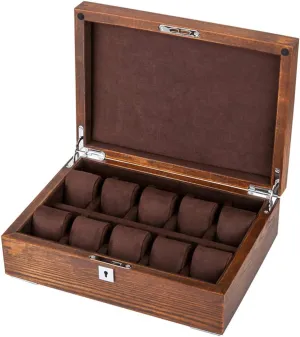 Box 10 Grids Luxury Jewelry Collection Case Showcase Organiser anomaly with Metal Lock and Removable Velvet Pillows (Brown) MUSUMI Watch Display Storage 