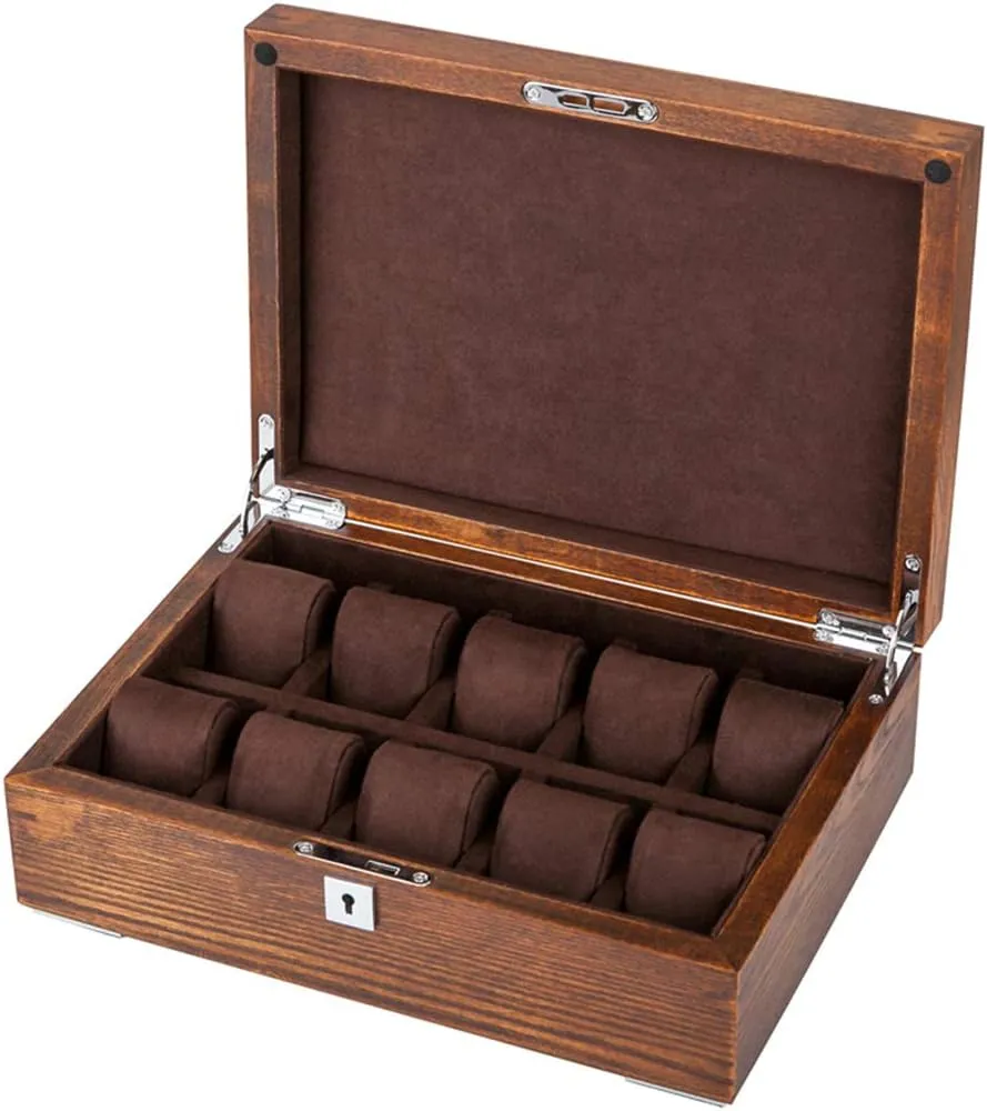 Box 10 Grids Luxury Jewelry Collection Case Showcase Organiser anomaly with Metal Lock and Removable Velvet Pillows (Brown) MUSUMI Watch Display Storage 