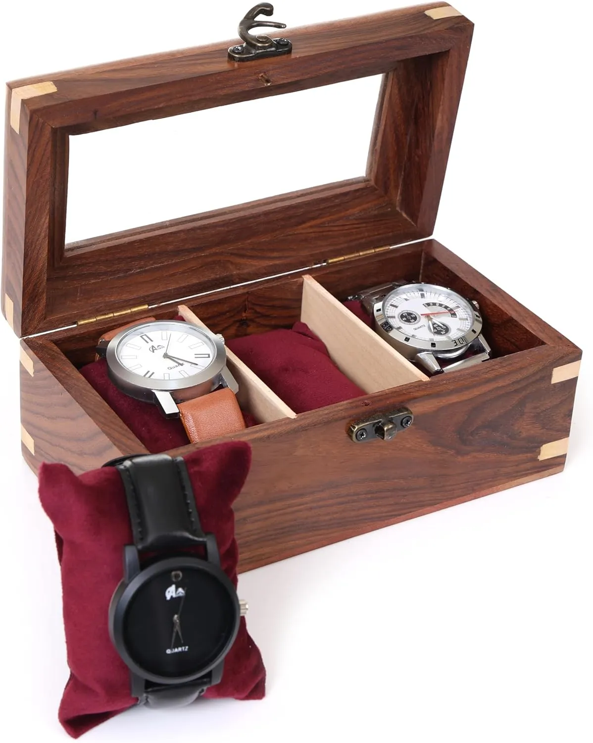Box for Men tempt singleton permeable week velocity & Women, Watch Organizer & Display Case, Premium Long-Lasting Watch Holder for Storage, Elegant Gift for Watch Collectors (Glass Top, 3 Slots) Wooden Watch 
