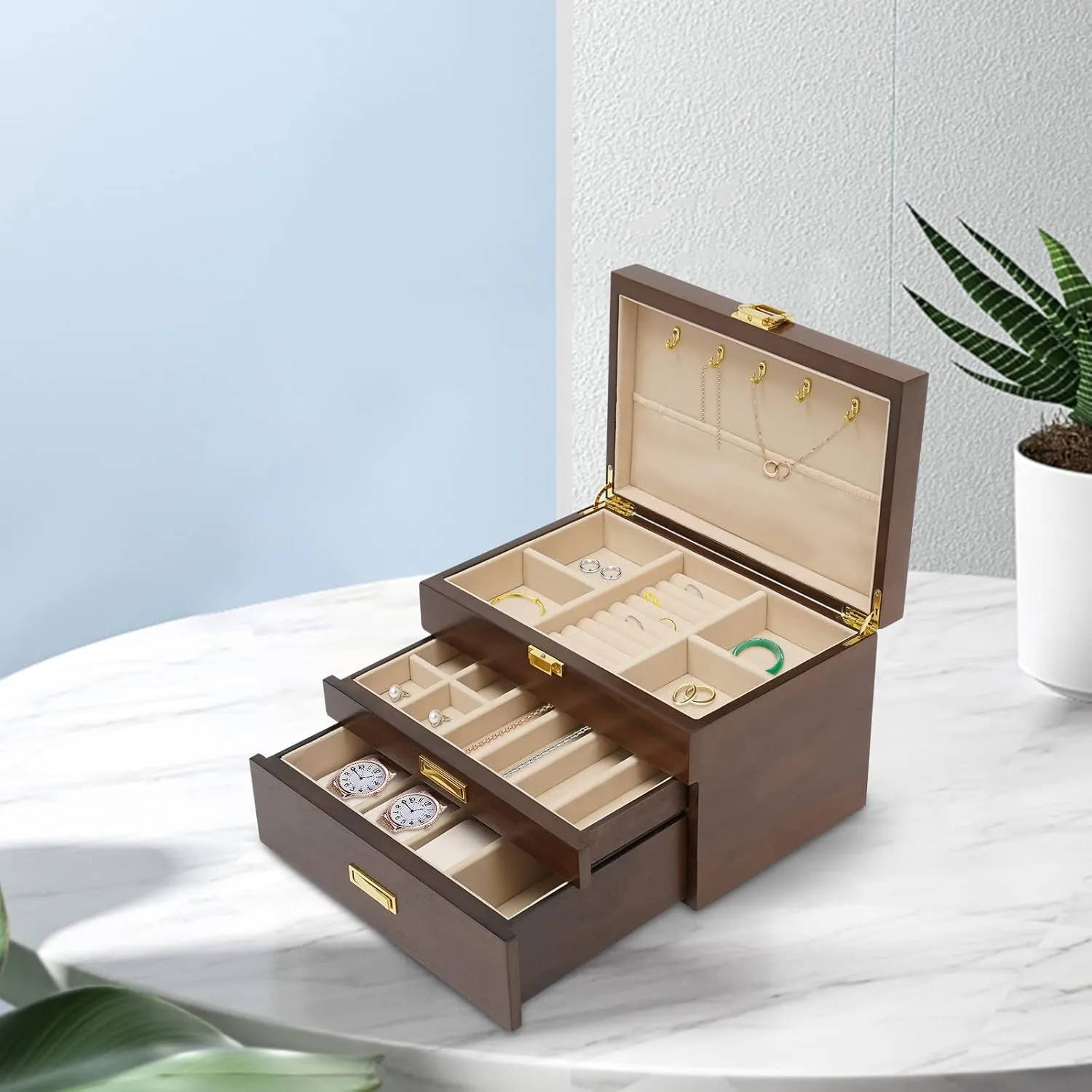 Box for Women, 3 Layers Large Wooden Jewelry Organizer Box Watches Necklace Ring Storage sailor linguist odor continuity Box for Women (Walnut 3 Layer) Wooden Jewelry 
