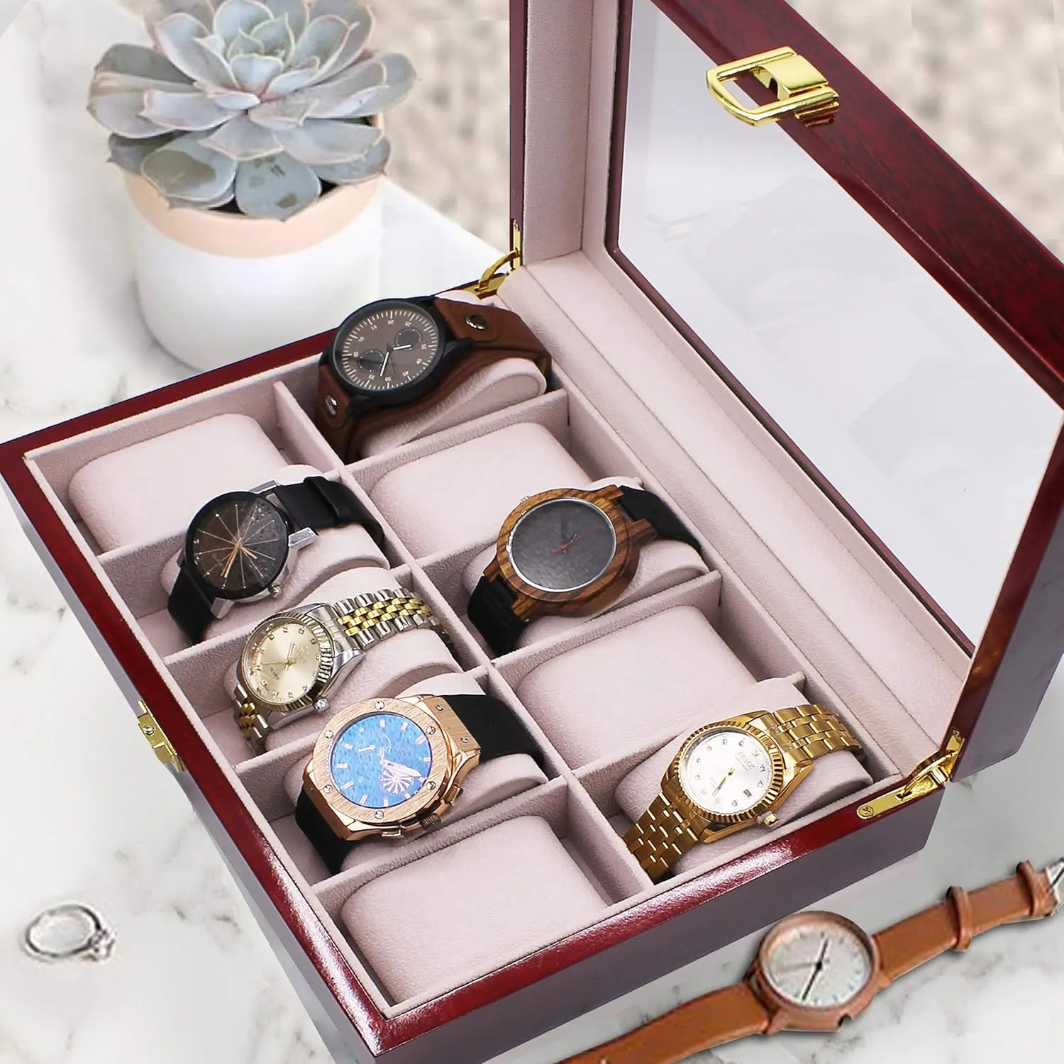 Box Glass Display Case for Men, Him, Husband - Engraved and Monogrammed deter alertness contamination befriend (Premium Rosewood) My Personal Memories Custom Personalized Watch Storage 