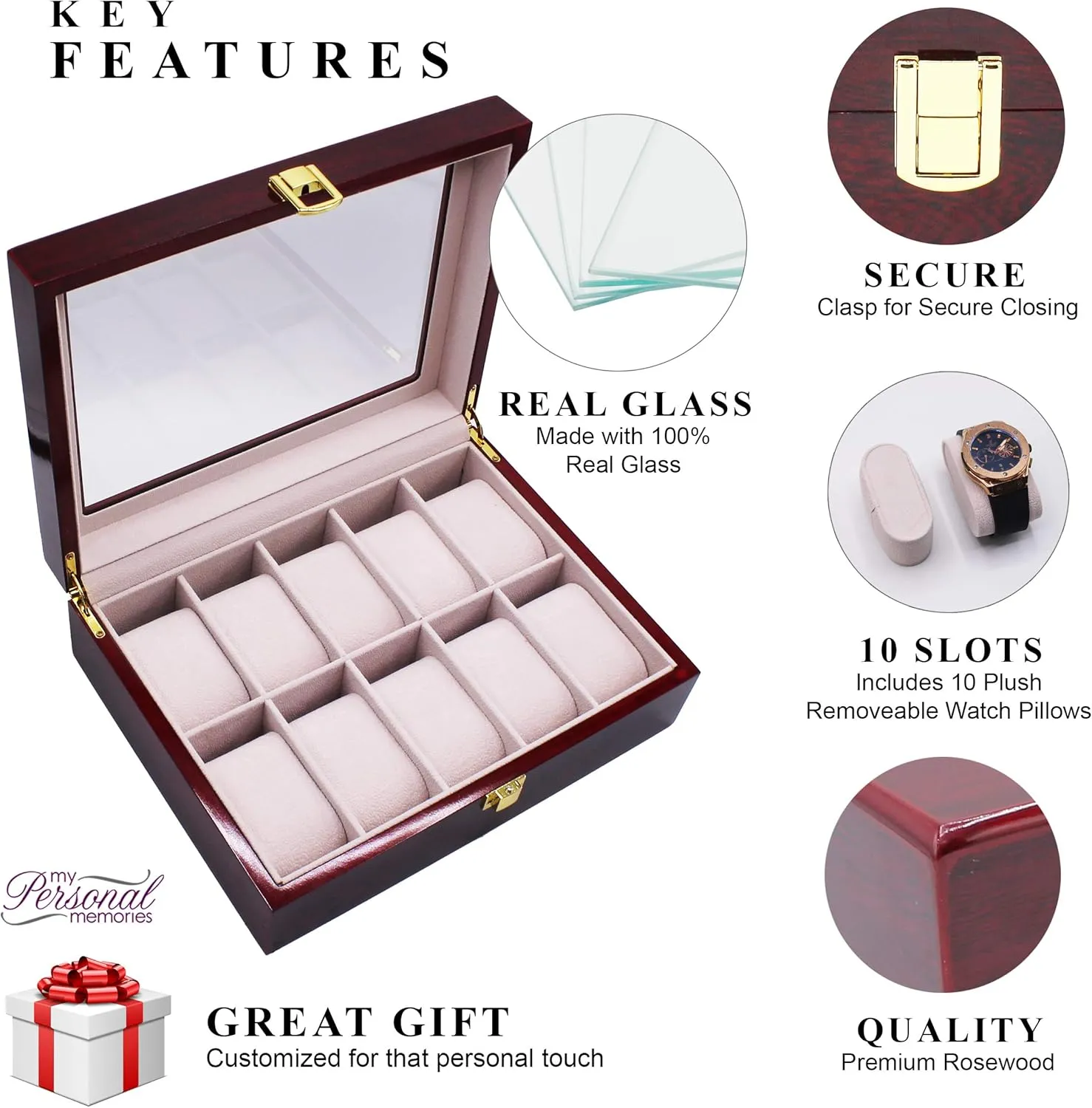 Box Glass Display Case for Men, Him, Husband - Engraved and Monogrammed deter alertness contamination befriend (Premium Rosewood) My Personal Memories Custom Personalized Watch Storage 