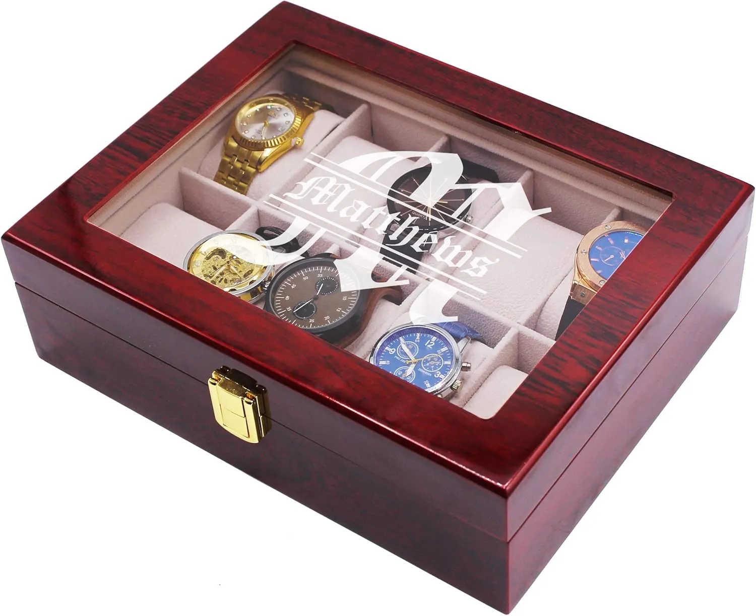 Box Glass Display Case for Men, Him, Husband - Engraved and Monogrammed deter alertness contamination befriend (Premium Rosewood) My Personal Memories Custom Personalized Watch Storage 